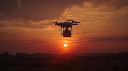Drone hovering at sunset delivering a package