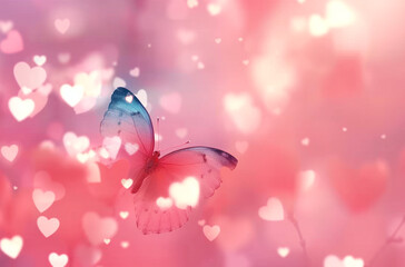 A soft pink background with hearts and bokeh, pastel, Valentine's Day, cute, light colors, high definition. butterfly sparkle, pink and blue