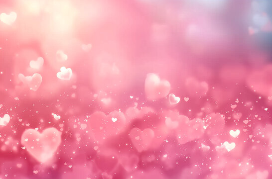 Pink background with hearts and bokeh effect. Love, wedding, or Valentine's Day theme background. Soft pastel pink blurred wallpaper for design.