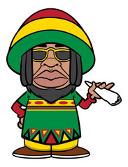 Dreadlocks men wearing sunglasses, beanie cap and outfit with rastafarian flag colors smoking marijuana. Best for mascot, logo, and sticker with marijuana themes