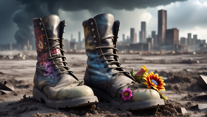 army boots with flowers on the ground. war scenario
