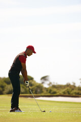 Man, playing and golf course with club or ball for stroke, point or strike on grass field in...