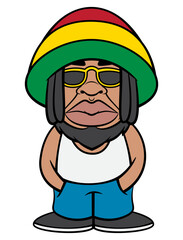 Dreadlocks men wearing sunglasses, tank top, jeans pants, and beanie hat with rastafarian flag colors. Best for sticker, logo, and mascot with reggae music themes