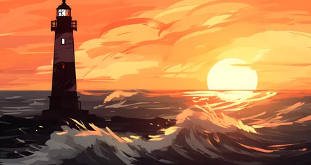 Rolgordijnen a lighthouse in a sea as the sun rises © Sofia