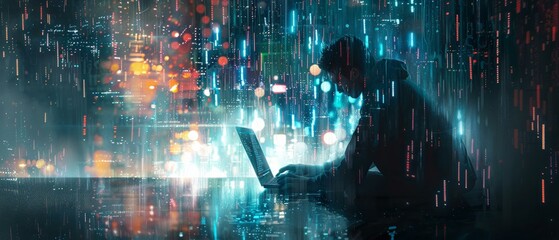 Cyber operative with a laptop, immersed in a data deluge - obrazy, fototapety, plakaty