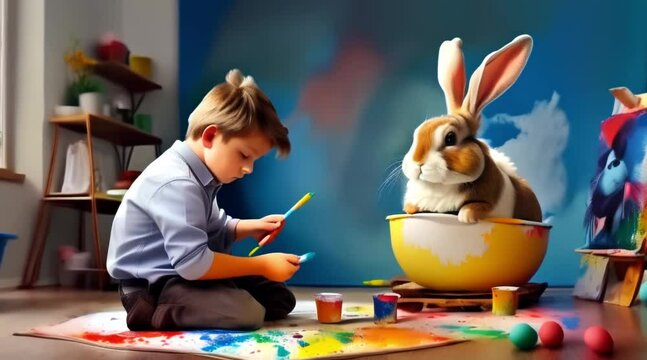 animation or motion effect, Easter day with little boy sitting and rabbit, 60fps 7sec