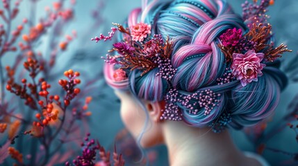 Fashion hairstyle with colorful hair accessories, detailed closeup, trendsetting ,3DCG,high resulution - obrazy, fototapety, plakaty