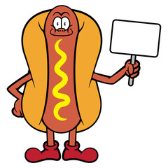 Funny Hotdog mascot cartoon characters carrying a signboard. Best for mascot, sticker, and logo with culinary business themes
