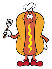 Funny Hotdog mascot cartoon characters wearing chef hat and carrying a spatula. Best for mascot, sticker, and logo with culinary business themes