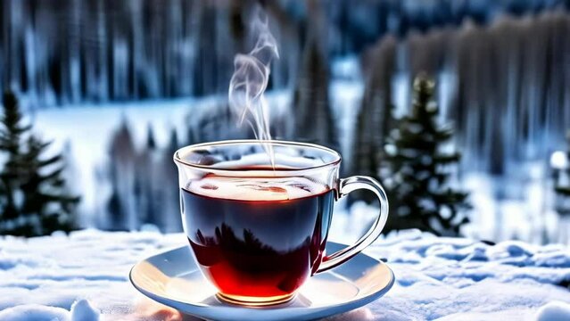 A cup of tea in winter with copy space