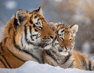 Mother Siberian tiger and her cub playing in the autumn forest. Wildlife scene from nature.