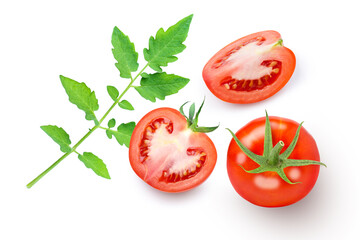 Fresh tomato with green leaf and cut in half sliced isolated on white background. Top view. Flat...