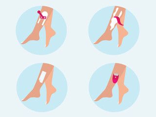 Women apply hair removal methods on their legs.Using lasers and wax epilation. Skincare and beauty concept.