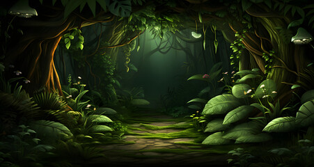 a dark forest filled with lots of green leaves