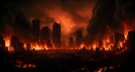 a large fire rages through the city with tall buildings - obrazy, fototapety, plakaty