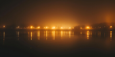 Night fog lights above the water in the beautiful city