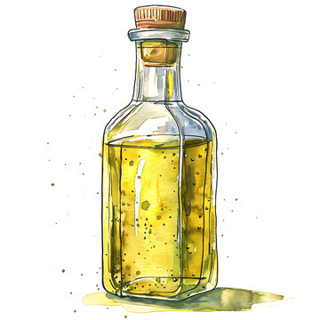 Olive oil glass bottle hand-drawn illustration isolated background natural fresh organic yellow vegetable oil jar realistic watercolor image pure vegan seasoning