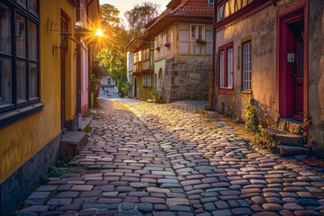 Fototapeta na wymiar Old Town Streets Illuminated by the Morning Sun: Cobblestone Paths and Colorful Houses Enhance the Charm of the Historic Town
