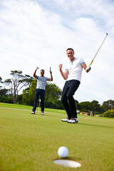 Excited man, friends and golfer with winner for goal in hole on the green grass or outdoor field in...