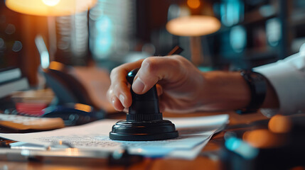 A person pressing a rubber stamp on a document at an office desk, closeup - obrazy, fototapety, plakaty
