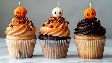 Set of three cupcakes Halloween toothpick circle on top pumpkin on white background. Copy space. - obrazy, fototapety, plakaty