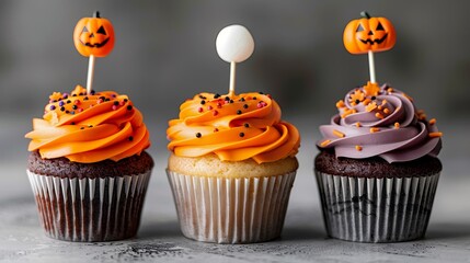 Set of three cupcakes Halloween toothpick circle on top pumpkin on white background. Copy space. - obrazy, fototapety, plakaty