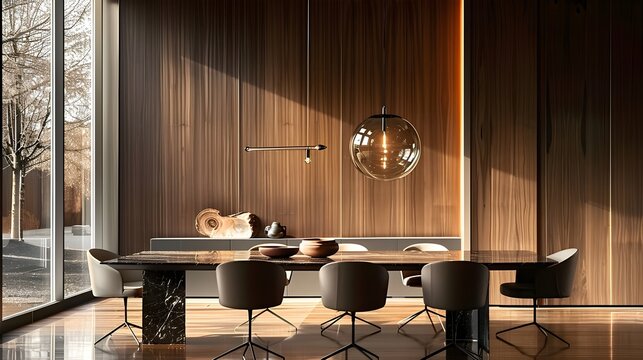 The dining table is in front of a wooden wall, contrasting light and dark, Minotti design style, highly polished surface. For design, 3d render, decoration, lifestyle