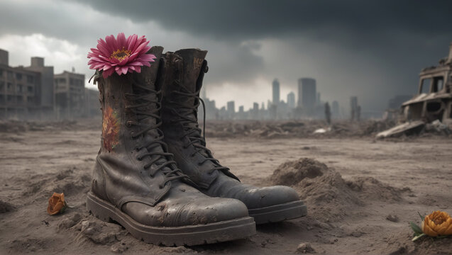 army boots with flowers on the ground. war scenario