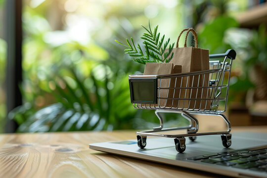 A miniature shopping cart filled with paper bags and greenery, placed on a laptop keyboard, symbolizing eco-friendly online shopping.