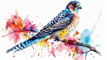 Amur Falcon in flight 80s retro watercolor clipart bold colors on a white background dynamic and vivid - obrazy, fototapety, plakaty