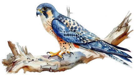 Perched Amur Falcon watercolor illustration with 80s retro elements pastel hues clean white backdrop - obrazy, fototapety, plakaty