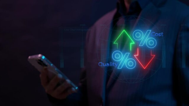 Quality control and company cost reduction. Cost and quality control concept. Businessman using smartphone to show percentage icon of quality with up arrow and cost with down arrow.