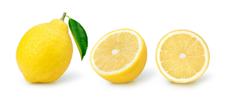 A set of ripe lemons on a white background.