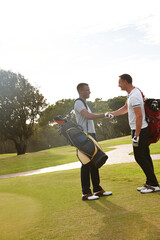 Happy man, friends and handshake with golfer on green grass for teamwork, match or outdoor game....