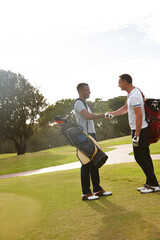 Obraz premium Happy man, friends and handshake with golfer on green grass for teamwork, match or outdoor game. Young male person or people shaking hands for friendly sport or competition together on golf course