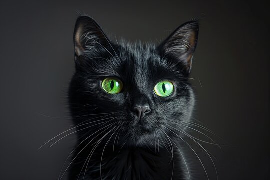 portrait of black cat with green eyes 