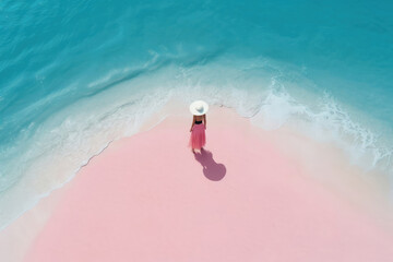 Aerial view of woman with pink skirt and white hat stay on sandy beach near sea with waves