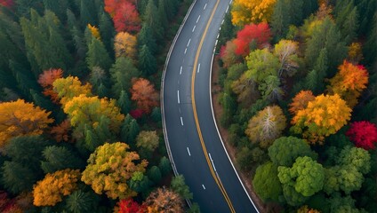 Elevated view showcasing the graceful curves of a road amid a vibrant forest, highlighted by seasonal rains Generative AI - obrazy, fototapety, plakaty