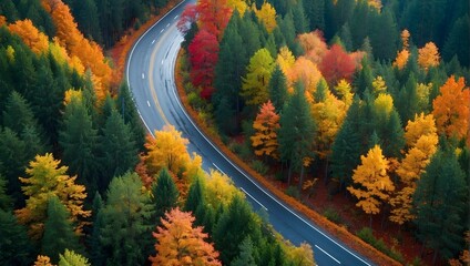 Obraz premium Elevated view showcasing the graceful curves of a road amid a vibrant forest, highlighted by seasonal rains Generative AI