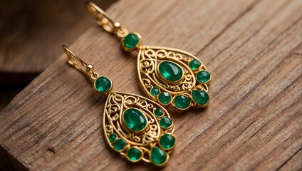 Intricate gold earrings with emerald drops, catching the light, displayed on a polished wooden stand Generative AI