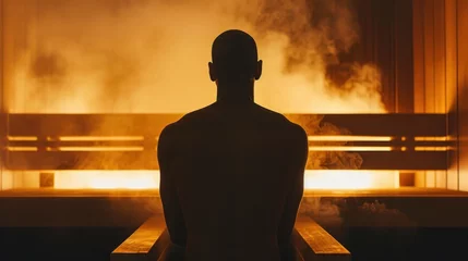 Fototapete Rund Silhouette of a man relaxing in an infrared sauna, showcasing wellness therapy © Postproduction