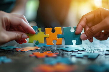 Hands join puzzle pieces,  putting the jigsaws team together, business concept - 771199326