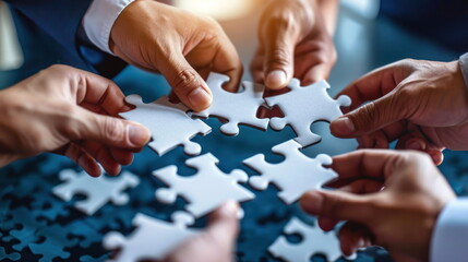 Hands join puzzle pieces,  putting the jigsaws team together, business concept