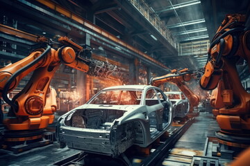 EV Car Factory, Auto Robot Arm Assembly, Industrial Production Car