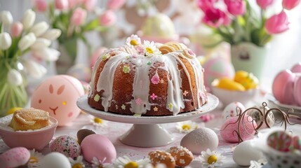 Traditional Easter baking with a sweet cake and festive decor, ideal for advertising seasonal treats.