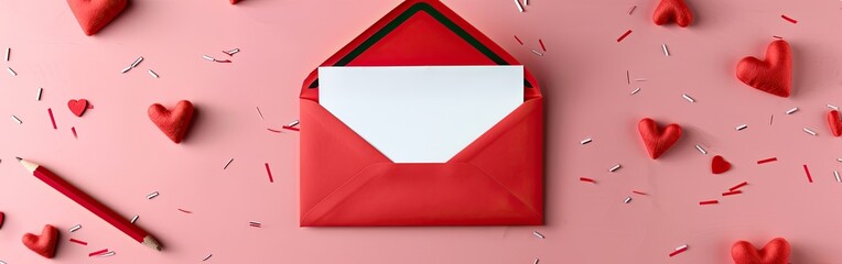 Valentine's Day Love Letter Mockup with Red Envelope, Hearts, and Blank Note on Pink Background - Top View Flat Lay Concept