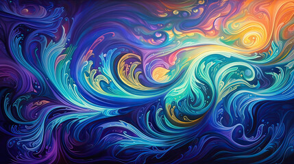 A background of vibrant abstract waves and spirals, resembling a fantastical and colorful underwater world or a dreamlike landscape Ai Generative