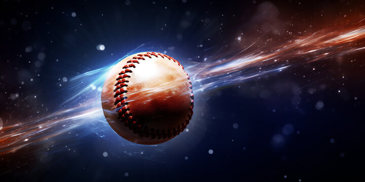 baseball ball and baseball, Image of softball moving with fire and purple smoke on dark background, Generative ai