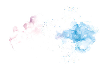 Pastel pink and blue cloud-like watercolor paint stain on white background.