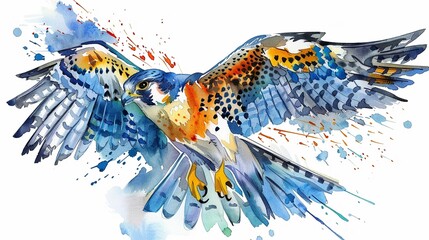 Amur Falcon clipart 80s retro watercolor style vibrant hues midflight with dynamic wing spread - obrazy, fototapety, plakaty